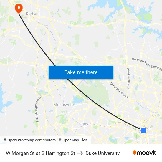 W Morgan St at S Harrington St to Duke University map