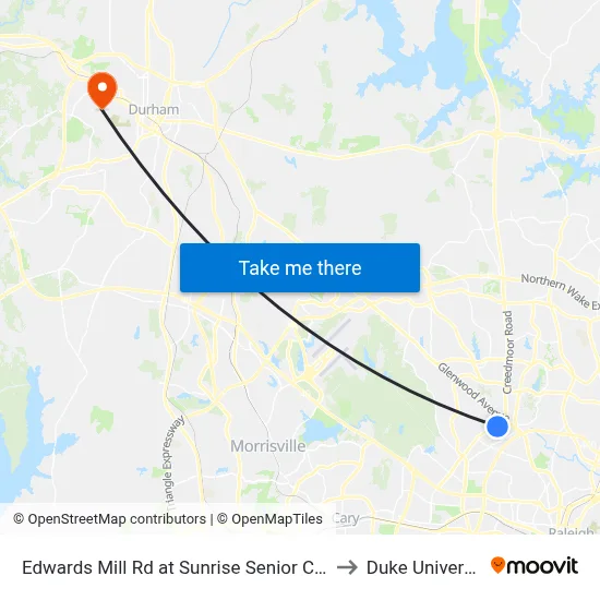 Edwards Mill Rd at Sunrise Senior Center to Duke University map