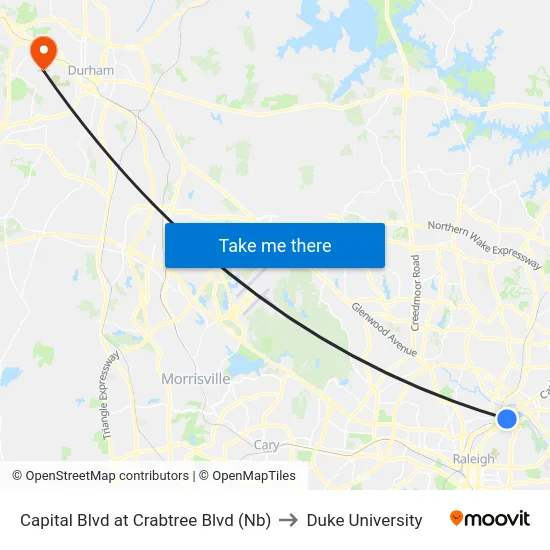 Capital Blvd at Crabtree Blvd (Nb) to Duke University map