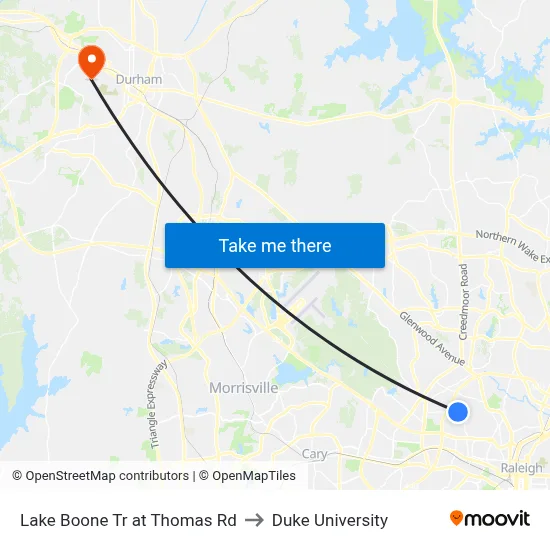 Lake Boone Tr at Thomas Rd to Duke University map