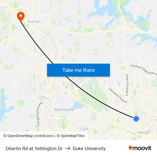Oberlin Rd at Yettington Dr to Duke University map