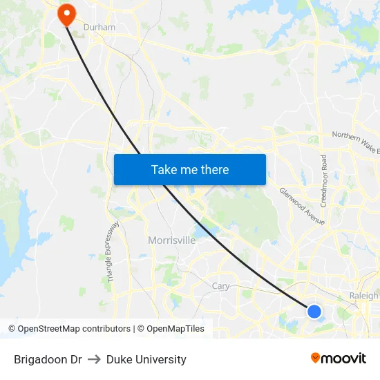 Brigadoon Dr to Duke University map