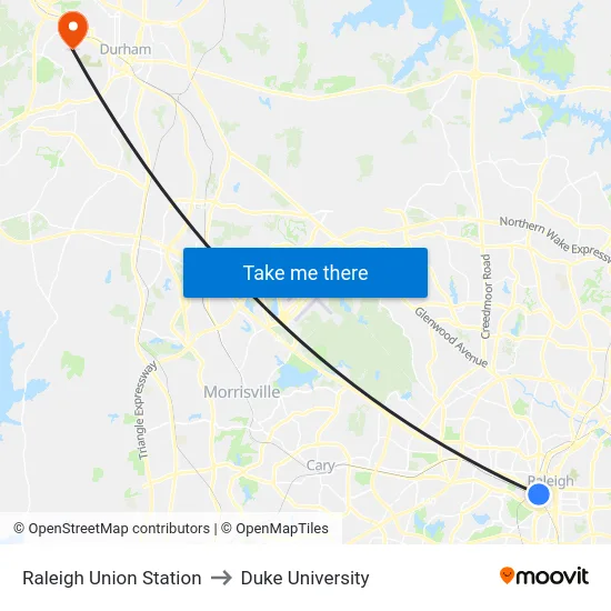 Raleigh Union Station to Duke University map