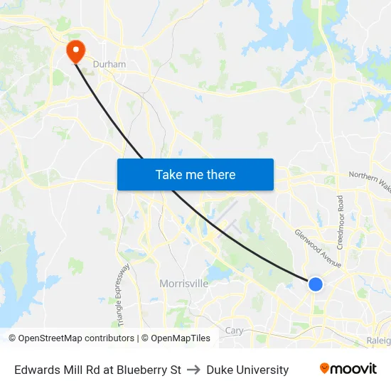 Edwards Mill Rd at Blueberry St to Duke University map