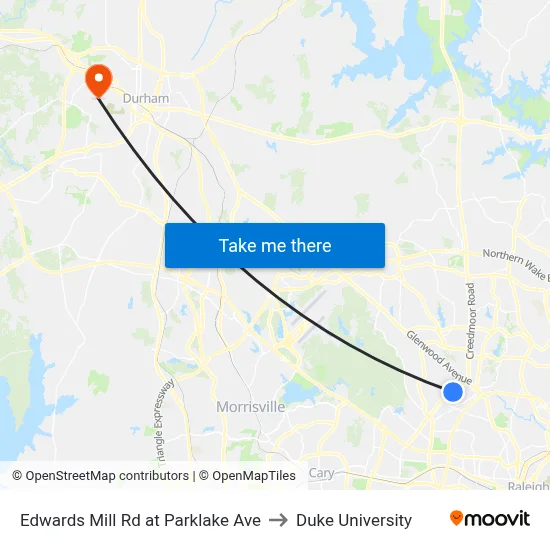 Edwards Mill Rd at Parklake Ave to Duke University map