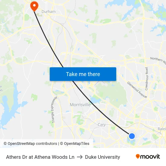 Athers Dr at Athena Woods Ln to Duke University map