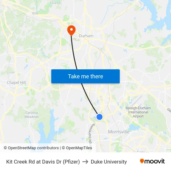 Kit Creek Rd at Davis Dr (Pfizer) to Duke University map