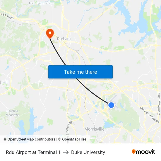 Rdu Airport at Terminal 1 to Duke University map