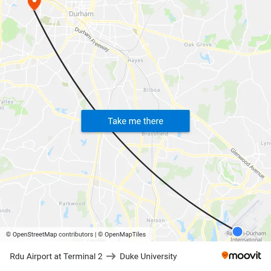 Rdu Airport at Terminal 2 to Duke University map