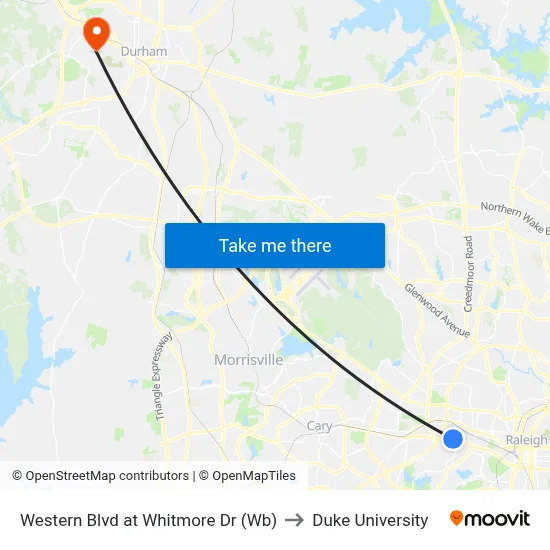 Western Blvd at Whitmore Dr (Wb) to Duke University map