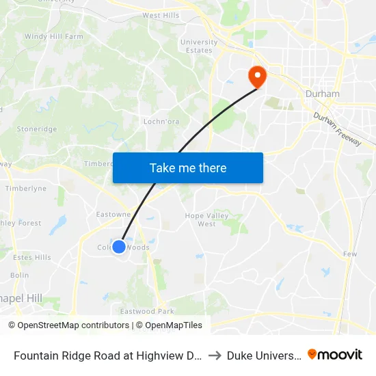Fountain Ridge Road at Highview Drive to Duke University map