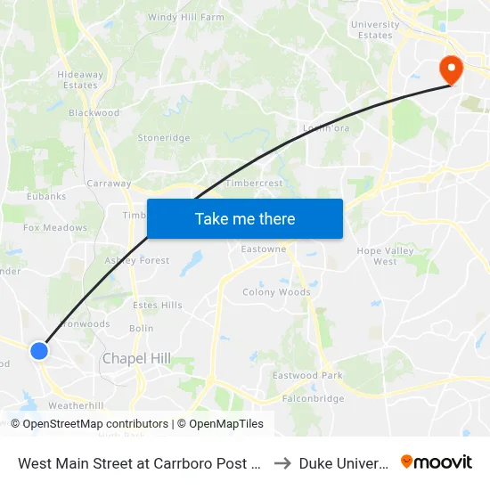 West Main Street at Carrboro Post Office to Duke University map