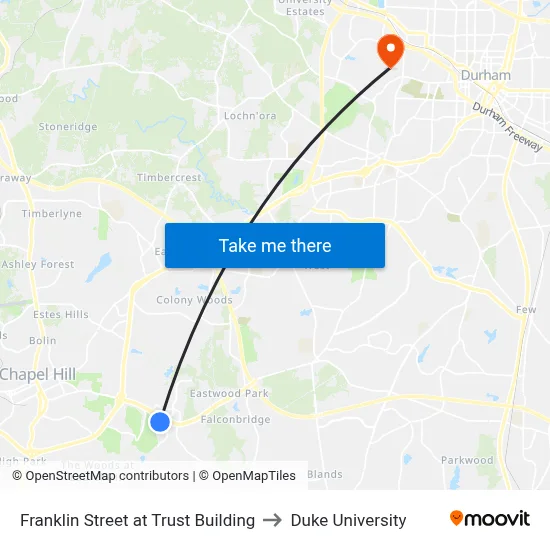 Franklin Street at Trust Building to Duke University map