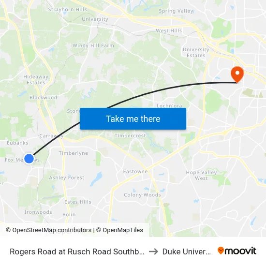 Rogers Road at Rusch Road Southbound to Duke University map