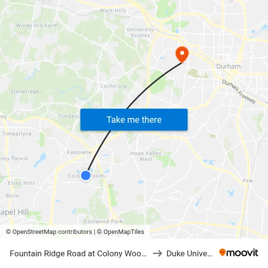 Fountain Ridge Road at Colony Woods Drive to Duke University map