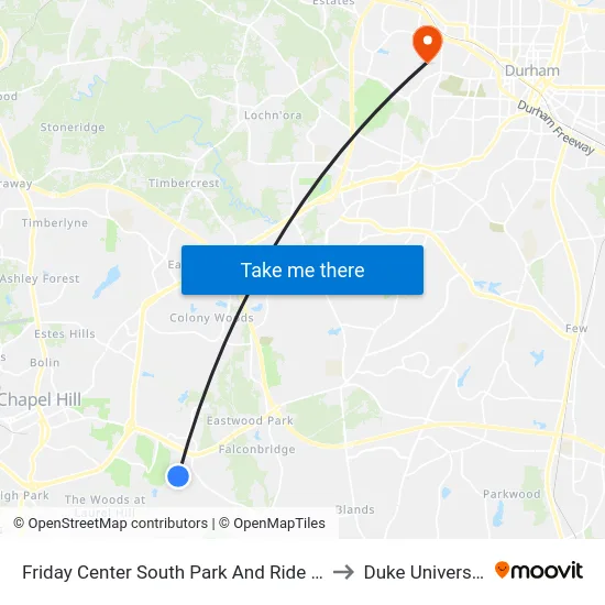 Friday Center South Park And Ride Lot to Duke University map
