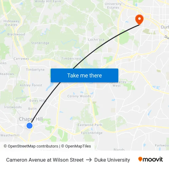 Cameron Avenue at Wilson Street to Duke University map