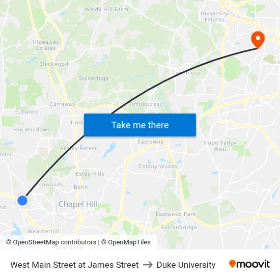West Main Street at James Street to Duke University map