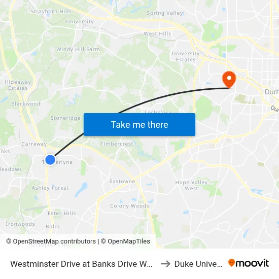 Westminster Drive at Banks Drive Westbound to Duke University map
