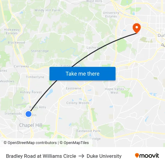 Bradley Road at Williams Circle to Duke University map