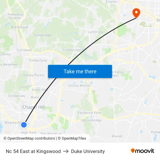 Nc 54 East at Kingswood to Duke University map