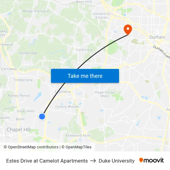 Estes Drive at Camelot Apartments to Duke University map