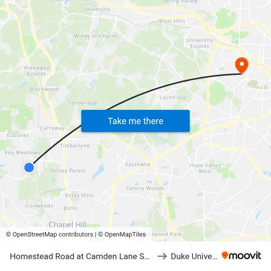 Homestead Road at Camden Lane Southbound to Duke University map