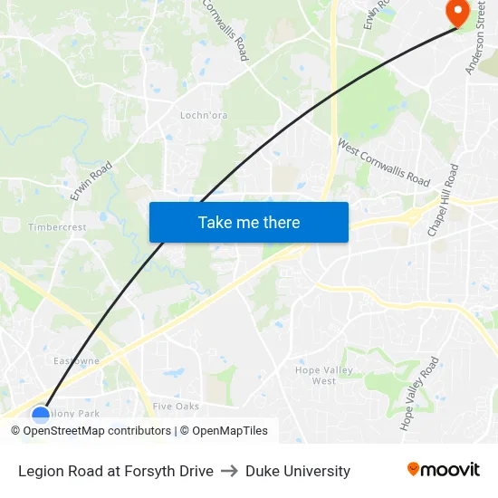 Legion Road at Forsyth Drive to Duke University map