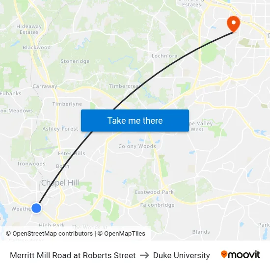 Merritt Mill Road at Roberts Street to Duke University map