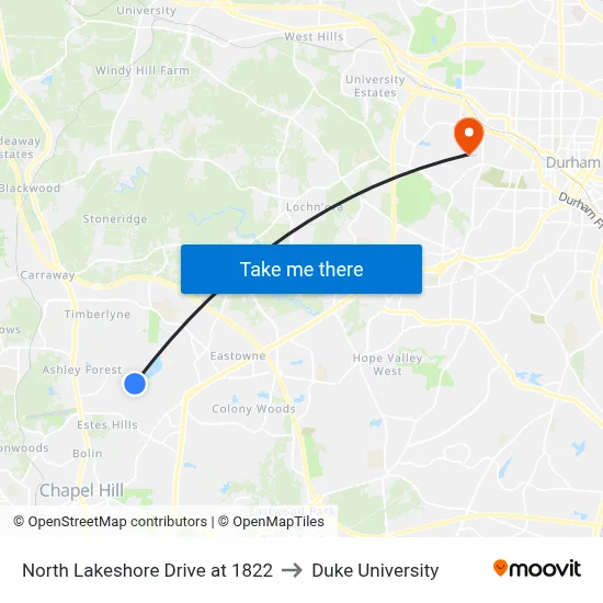 North Lakeshore Drive at 1822 to Duke University map