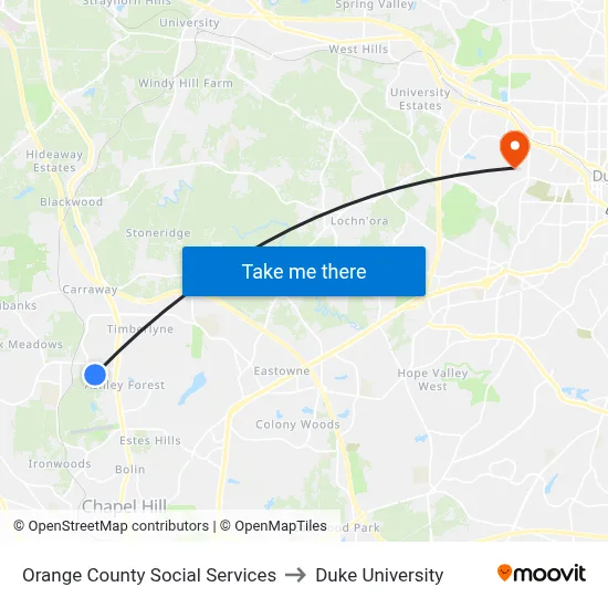 Orange County Social Services to Duke University map
