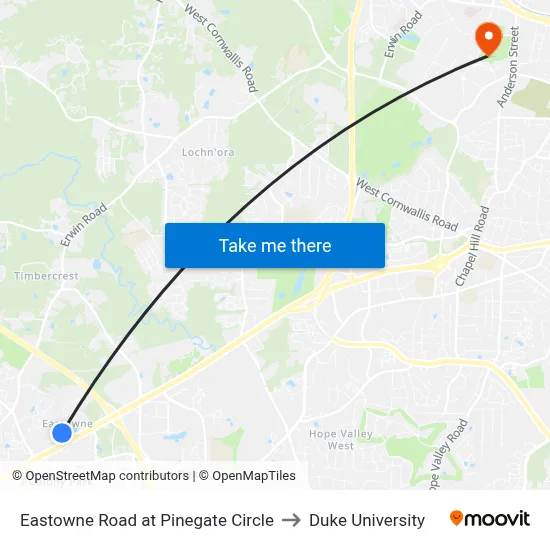 Eastowne Road at Pinegate Circle to Duke University map