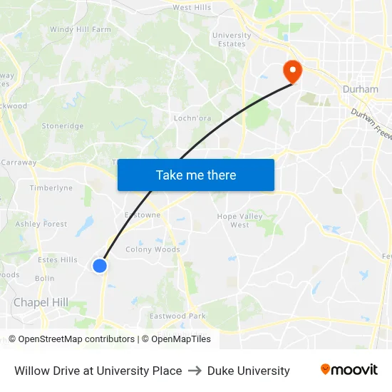 Willow Drive at University Place to Duke University map