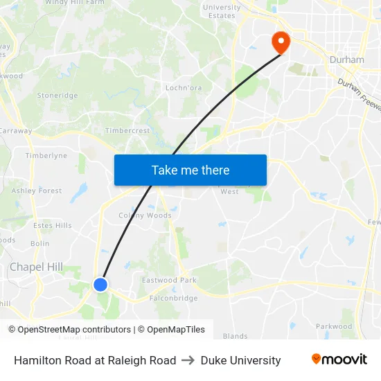 Hamilton Road at Raleigh Road to Duke University map