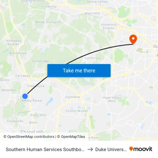 Southern Human Services Southbound to Duke University map