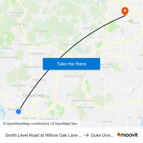 Smith Level Road at Willow Oak Lane Southbound to Duke University map