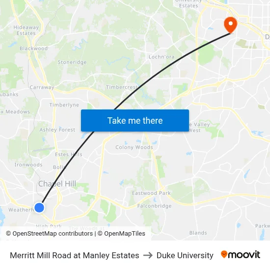 Merritt Mill Road at Manley Estates to Duke University map
