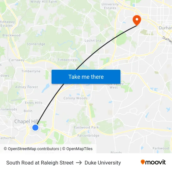 South Road at Raleigh Street to Duke University map