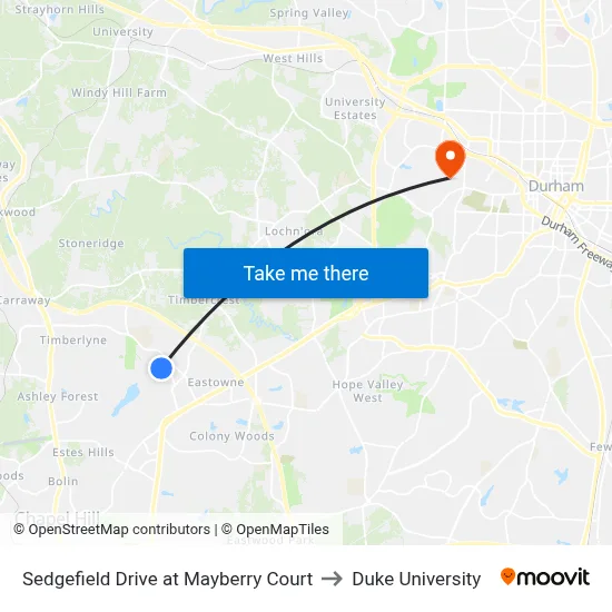 Sedgefield Drive at Mayberry Court to Duke University map