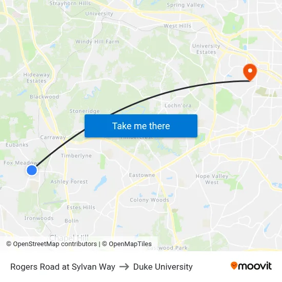 Rogers Road at Sylvan Way to Duke University map