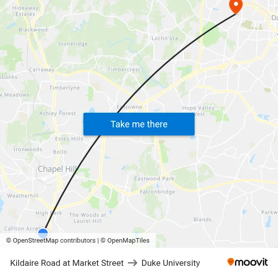 Kildaire Road at Market Street to Duke University map