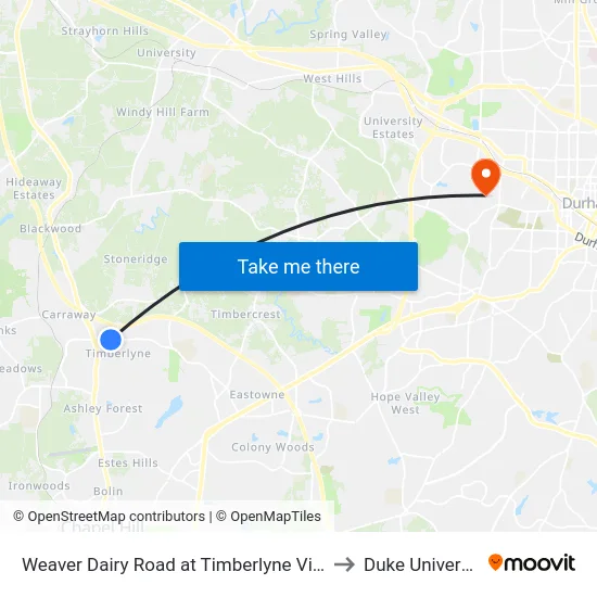 Weaver Dairy Road at Timberlyne Village to Duke University map
