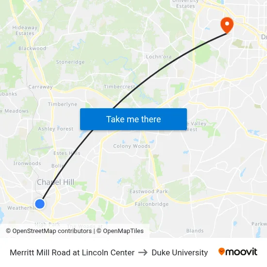 Merritt Mill Road at Lincoln Center to Duke University map