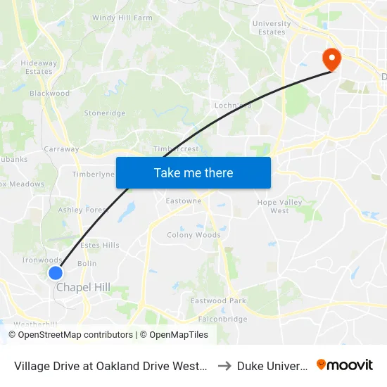 Village Drive at Oakland Drive Westbound to Duke University map