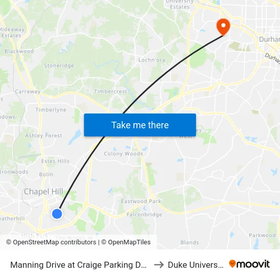 Manning Drive at Craige Parking Deck to Duke University map