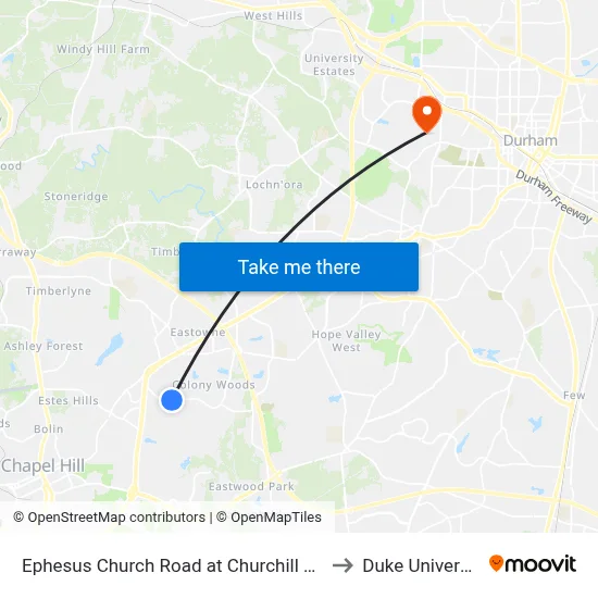 Ephesus Church Road at Churchill Drive to Duke University map