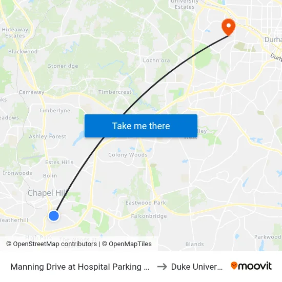 Manning Drive at Hospital Parking Deck to Duke University map