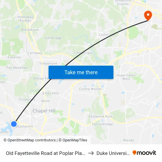 Old Fayetteville Road at Poplar Place to Duke University map