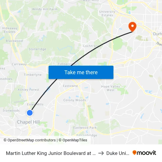 Martin Luther King Junior Boulevard at Hillsborough Street to Duke University map