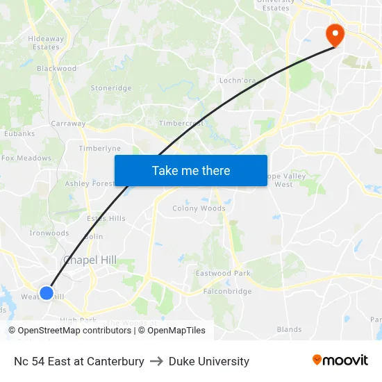 Nc 54 East at Canterbury to Duke University map